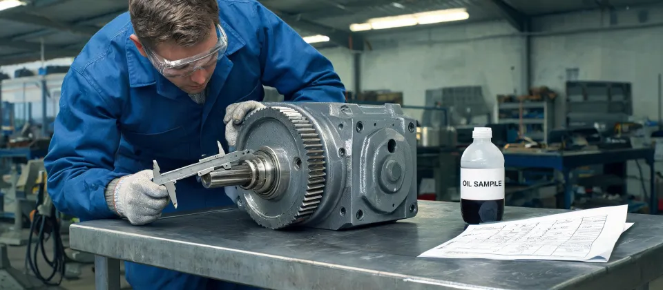 Technician inspecting worm gear reducer